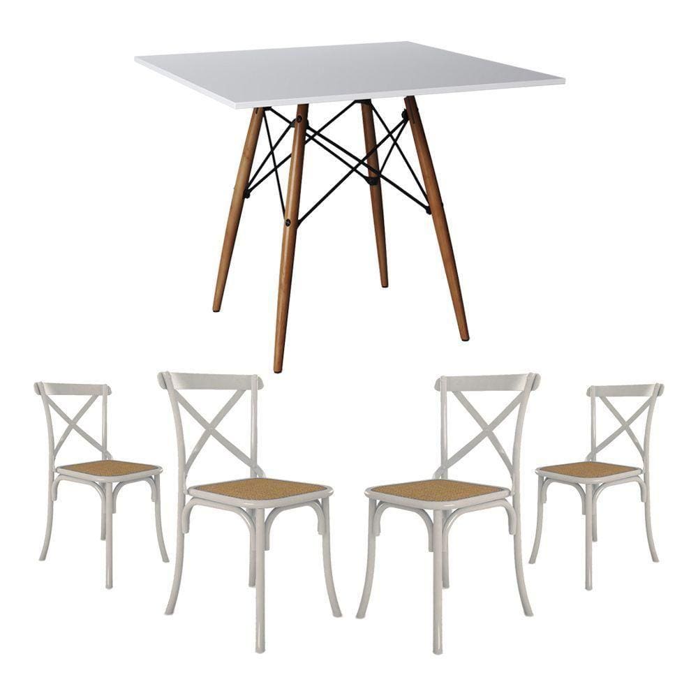 Jogo De Mesa Eiffel Quadrado Tampo De Madeira 90Cm Branco Com 4 Cadeiras Katrina Brancao Bege