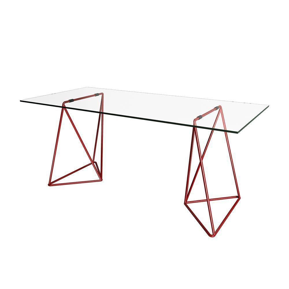 Escrivaninha De Vidro Bela Vista Cavalete Base Ferro Vermelho - Cor: Branco