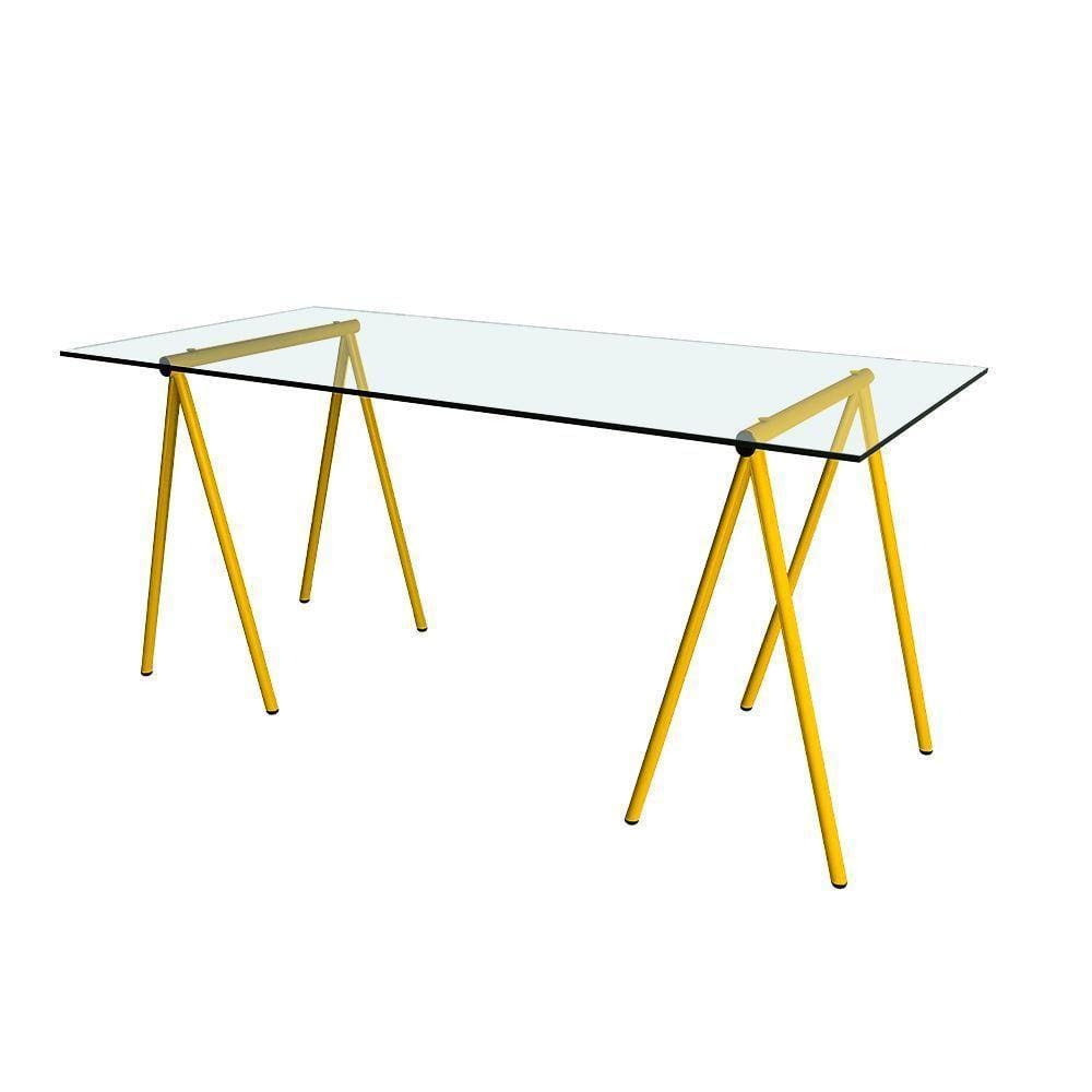 Escrivaninha De Vidro Itaim Cavalete Base Ferro Amarelo - Cor: Branco