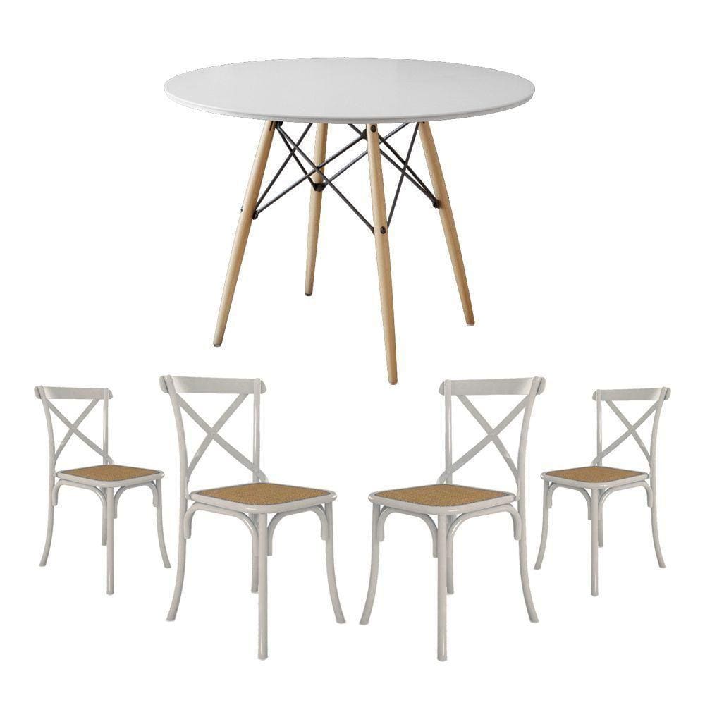Jogo De Mesa Eiffel Redondo Tampo De Madeira 90Cm Branco Com 4 Cadeiras Katrina Branca Assento Bege