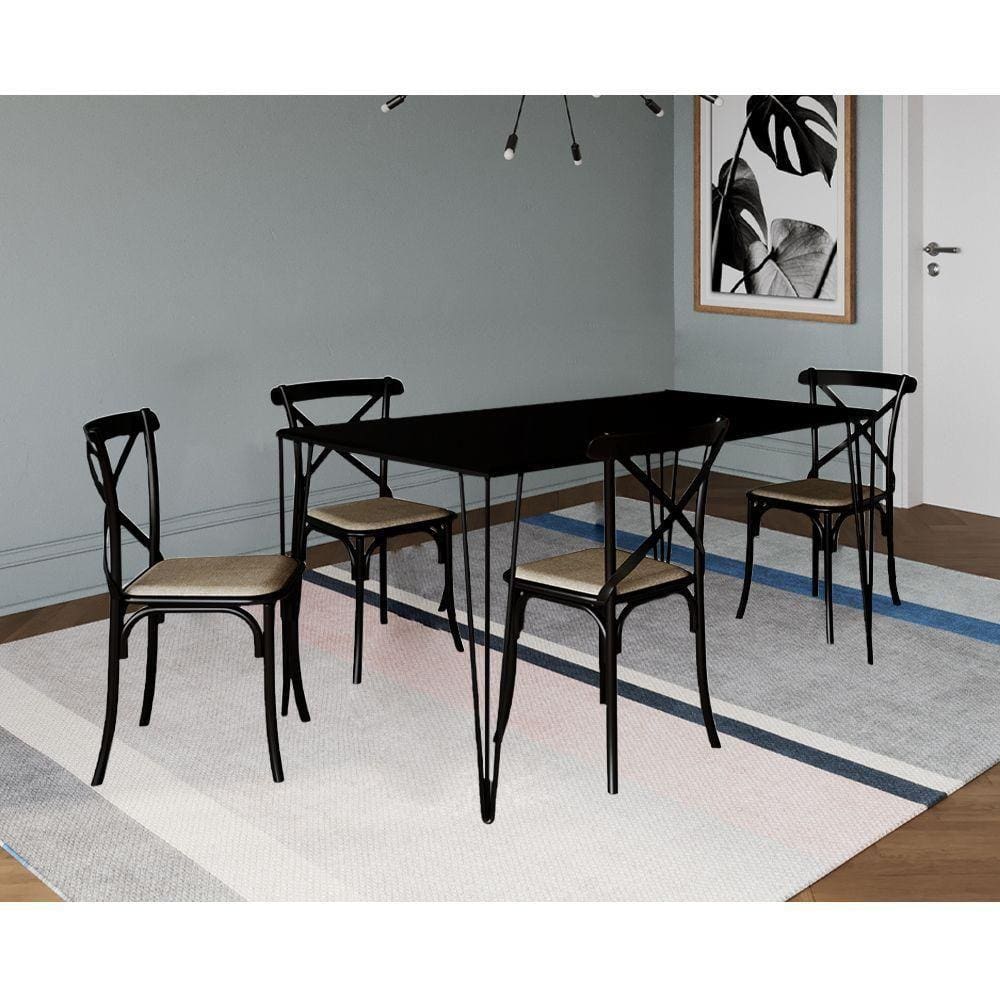 Jogo De Mesa Elen Retangular Tampo De Madeira 140X80Cm Preto Com 4 Cadeiras Katrina Pretoo Be