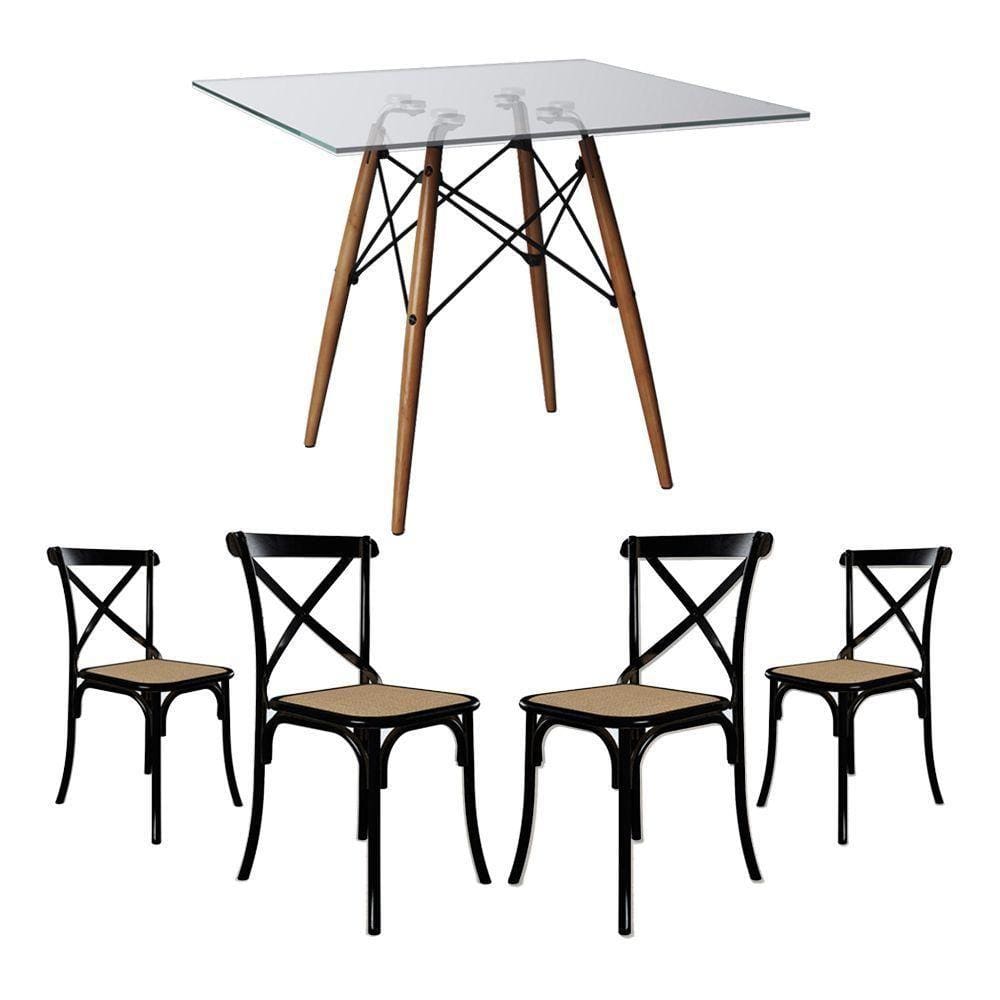 Jogo De Mesa Eiffel Quadrado Tampo De Vidro 110Cm Com 4 Cadeiras Katrina Preto Assento Bege