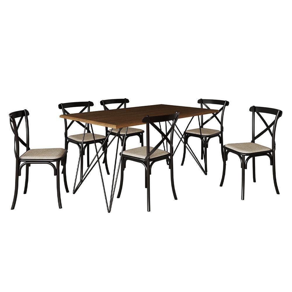 Conjunto Mesa De Jantar 6 Cadeiras Katrina Preto Trama Premium Amêndoa 150 Cm - Cor: Marrom
