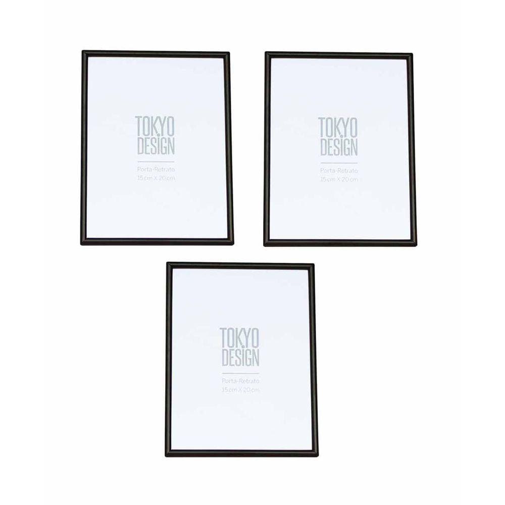 Kit 3 Porta Retrato em Metal Vidro 15x20 Moldura Lisa Preto