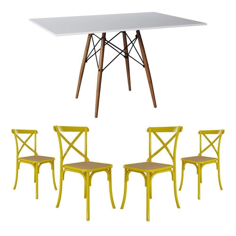 Jogo De Mesa Eiffel Retangular Tampo De Madeira 120X75Cm Branco Com 4 Cadeiras Katrina Amarela