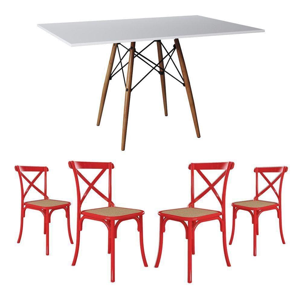 Jogo De Mesa Eiffel Retangular Tampo De Madeira 120X75Cm Branco Com 4 Cadeiras Katrina Vermelha