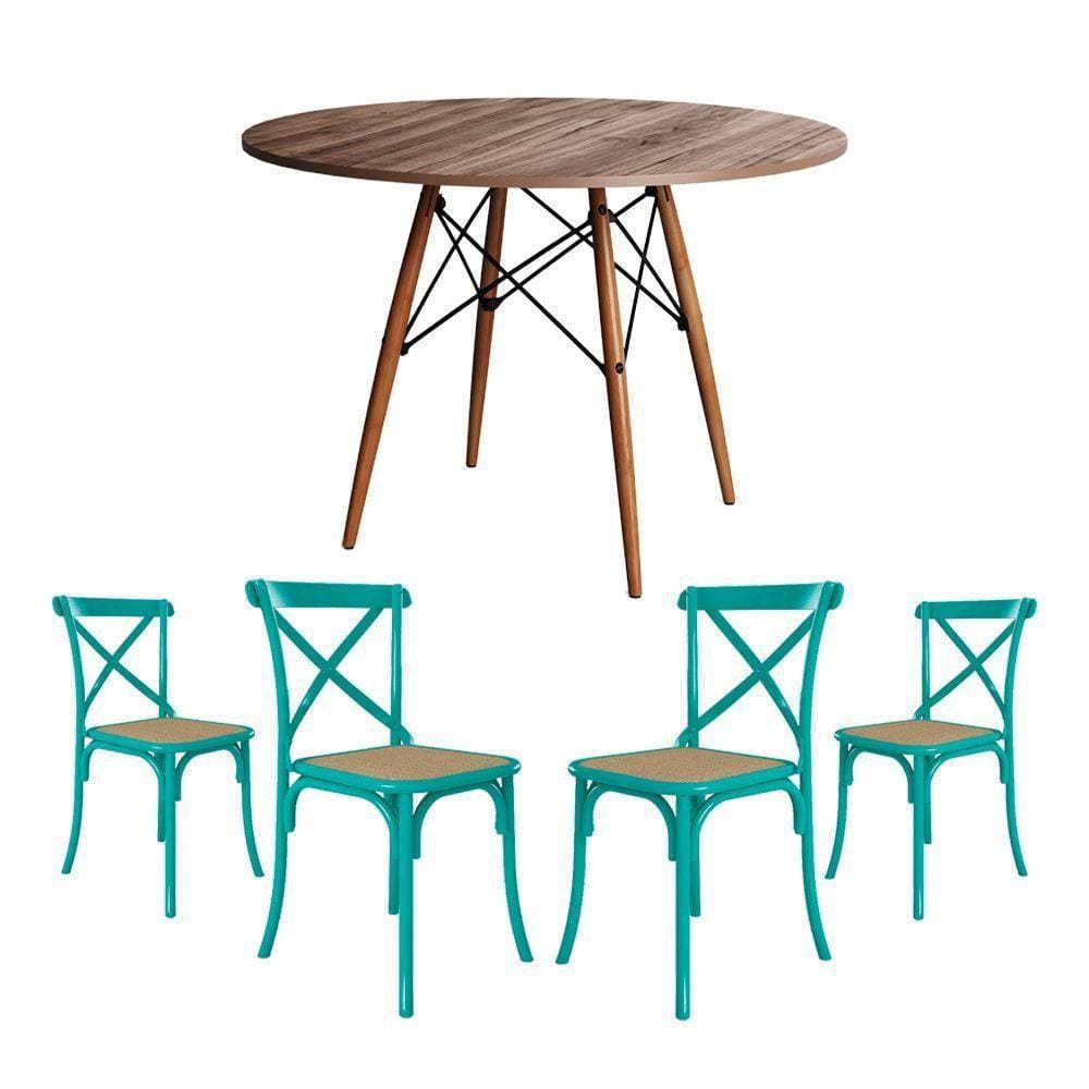 Jogo De Mesa Eiffel Redondo Tampo De Madeira 90Cm Amêndoa Com 4 Cadeiras Katrina Azul Turquesa