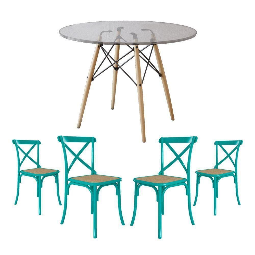Jogo De Mesa Eiffel Redondo Tampo De Vidro 110Cm Com 4 Cadeiras Katrina Azul Turquesa Assento Bege
