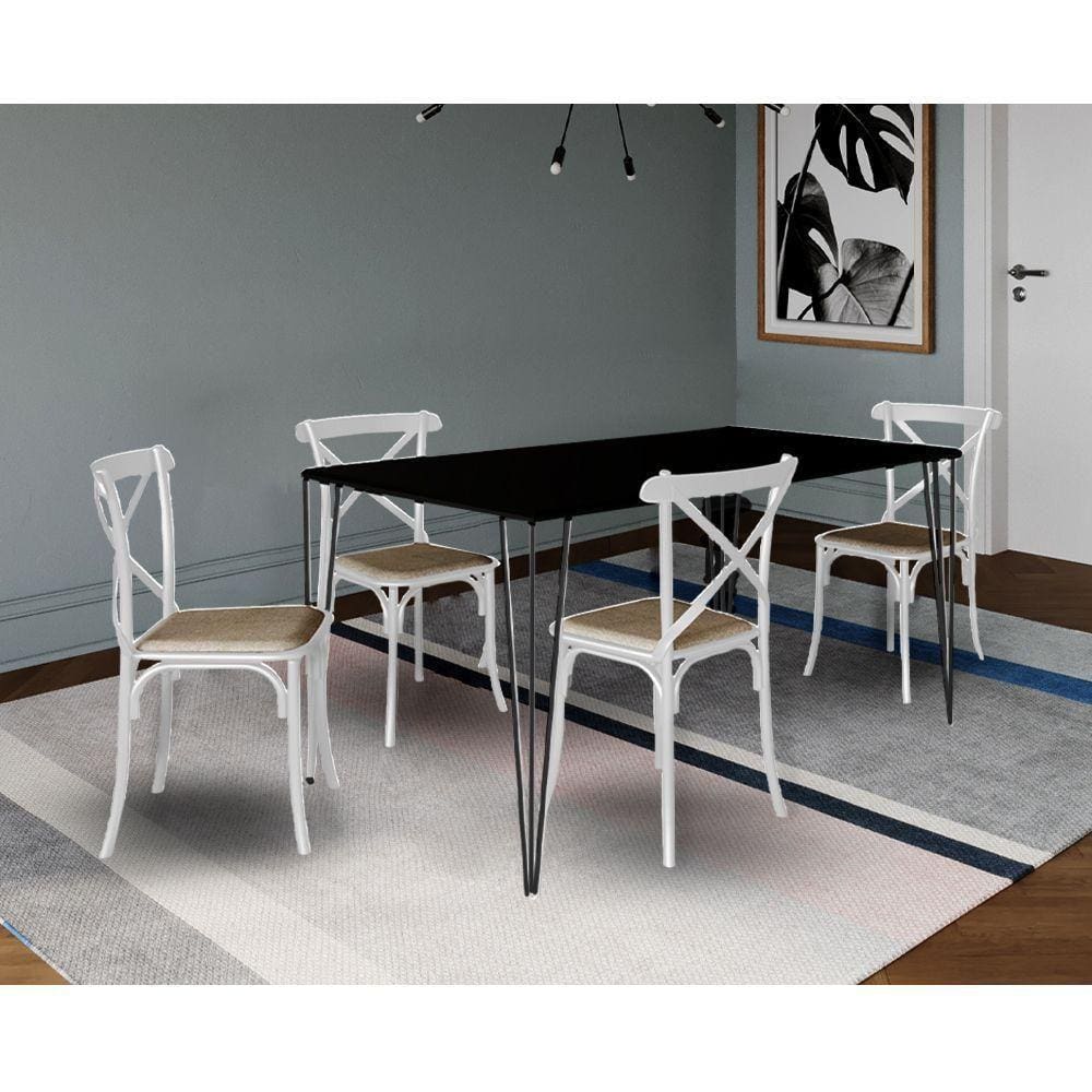 Jogo De Mesa Elen Retangular Tampo De Madeira 140X80Cm Preto Com 4 Cadeiras Katrina Brancao B