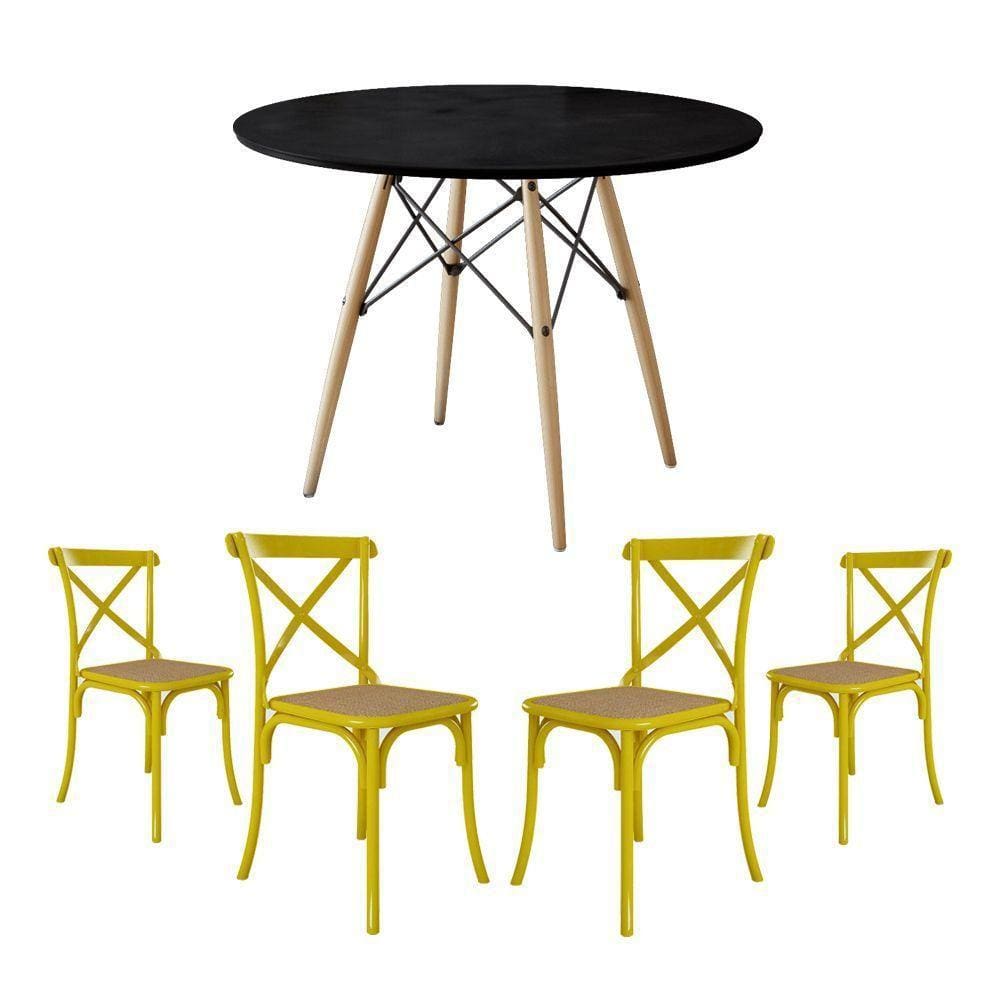 Conjunto De Mesa Eiffel Redondo Tampo De Madeira 110Cm Preto Com 4 Cadeiras Katrina Amarela Assento