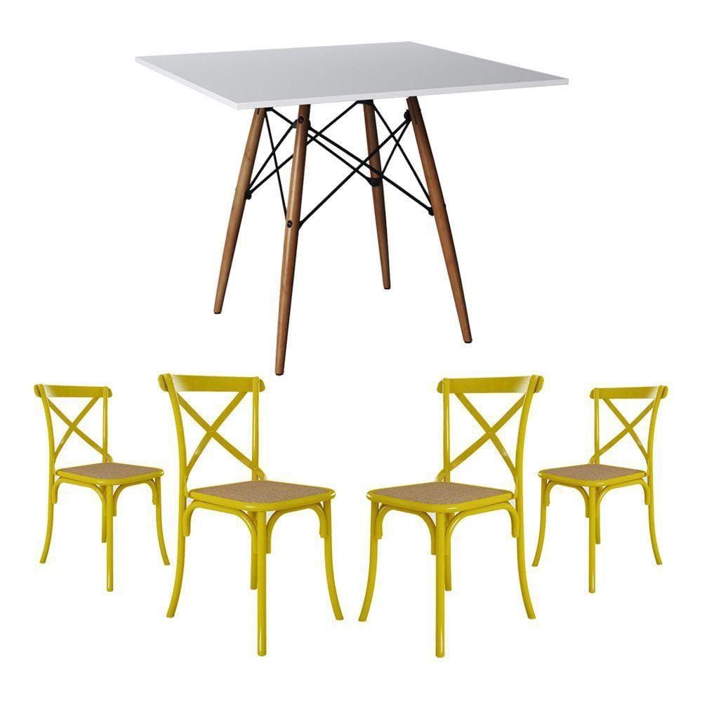 Conjunto De Mesa Eiffel Quadrado Tampo De Madeira 90Cm Branco Com 4 Cadeiras Katrina Amarelao