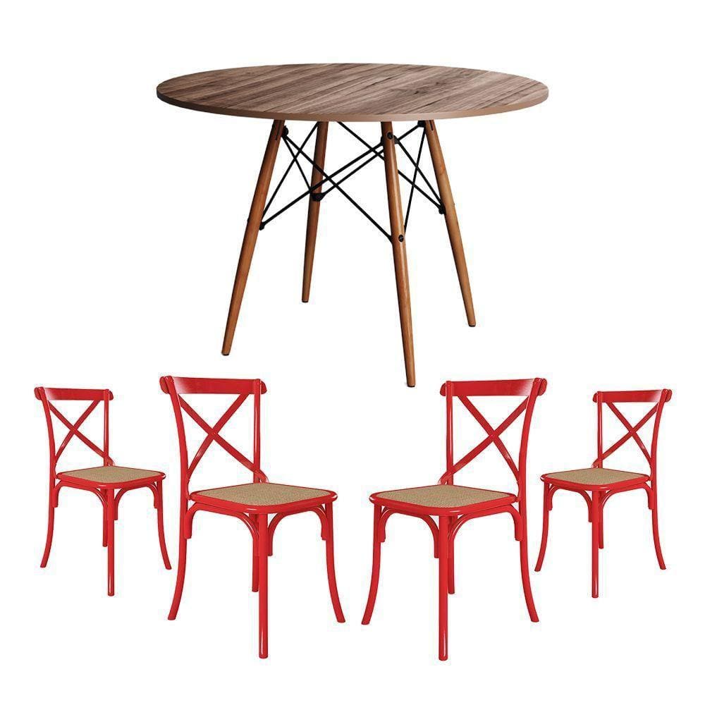 Conjunto De Mesa Eiffel Redondo Tampo De Madeira 90Cm Amêndoa Com 4 Cadeiras Katrina Vermelha