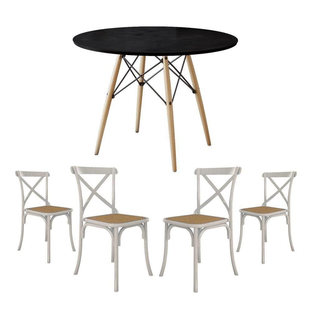 Conjunto De Mesa Eiffel Redondo Tampo De Madeira 90Cm Preto Com 4 Cadeiras Katrina Brancao