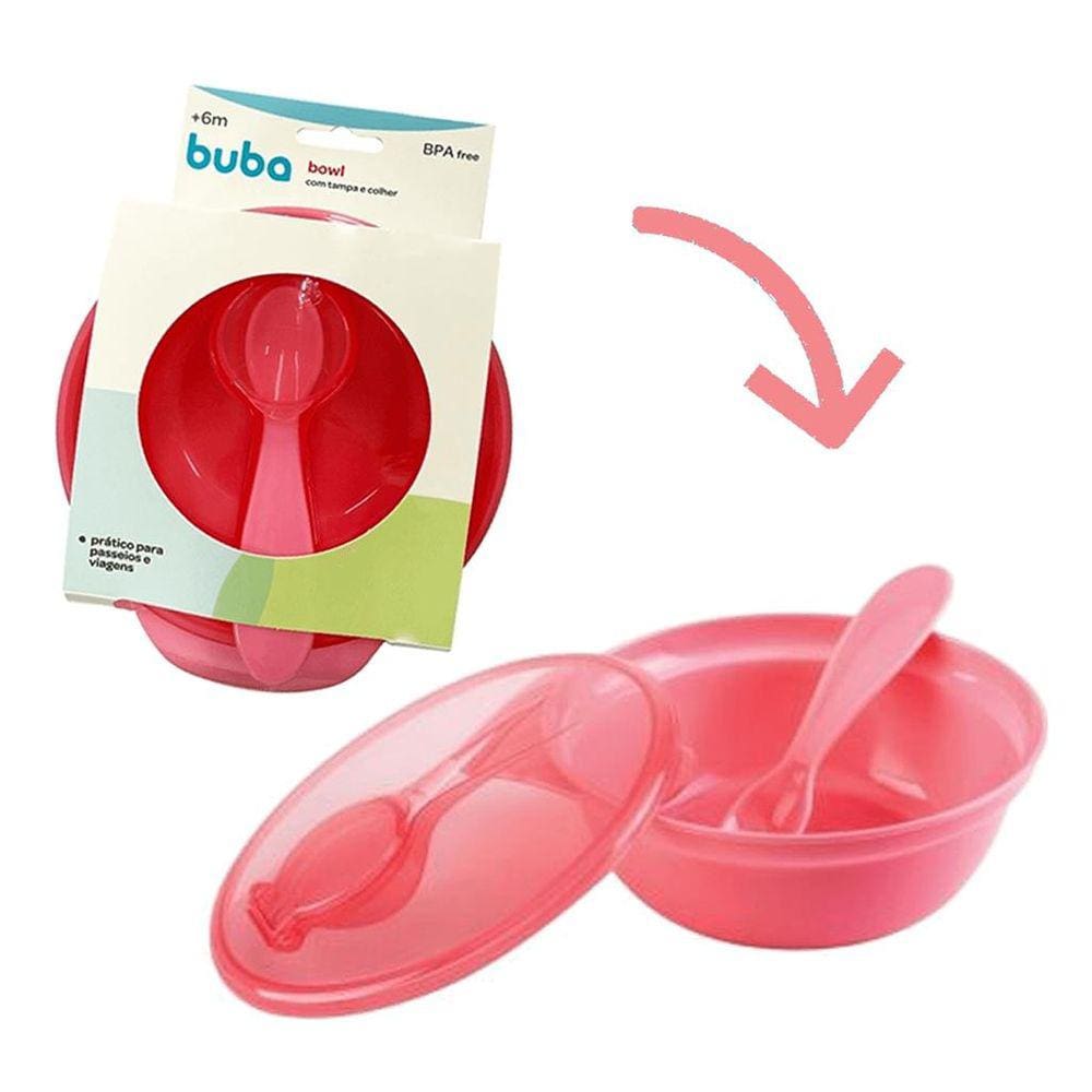 Tigela Bowl Rosa Com Tampa E Talher +6 Meses Buba Baby