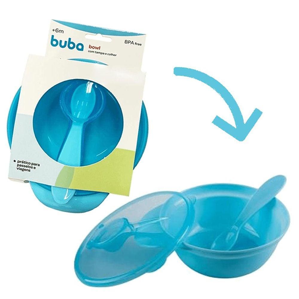Tigela Bowl Azul Com Tampa E Talher +6 Meses Buba Baby
