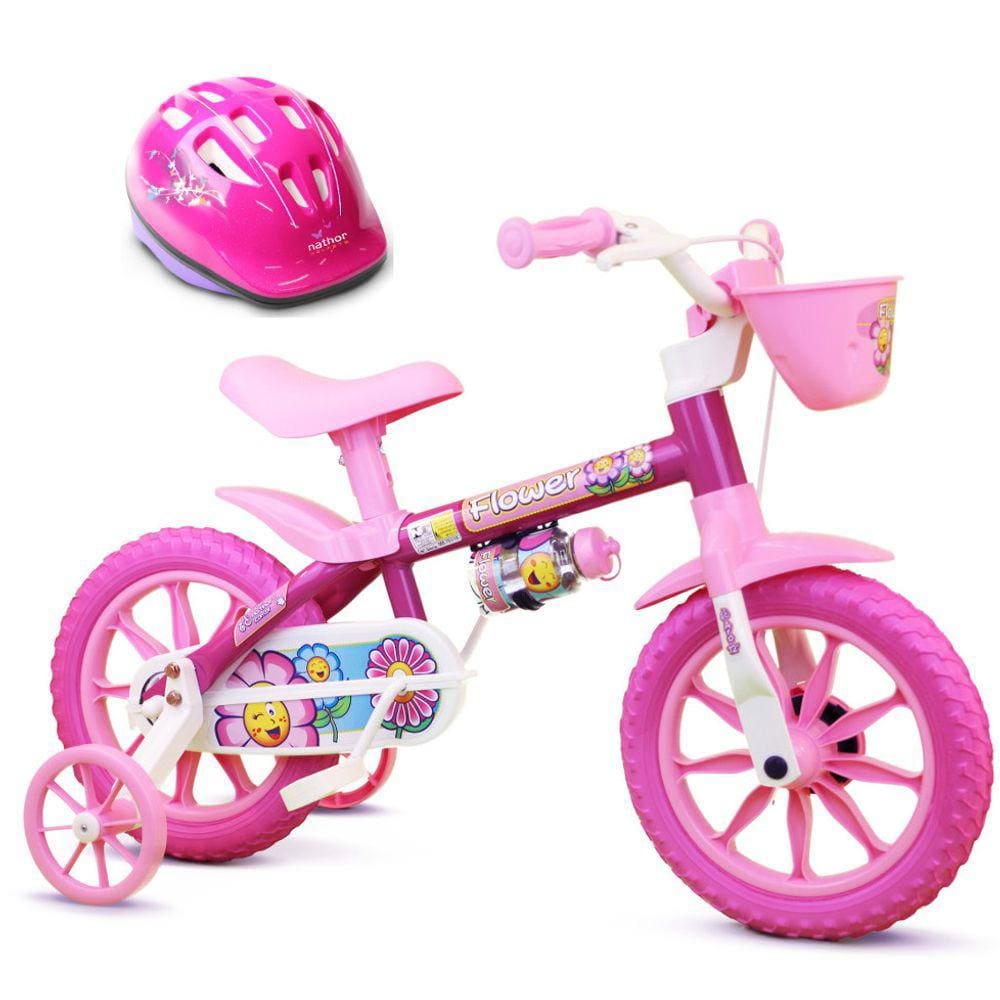 Bicicletinha Infantil Aro 12 Feminina Flower com Capacete Nathor