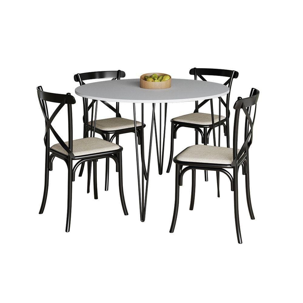 Mesa Com 4 Cadeiras Katrina Preta Elen Hairpin 110Cm Jantar Branca Com Ferro Preto - Cor: Preto