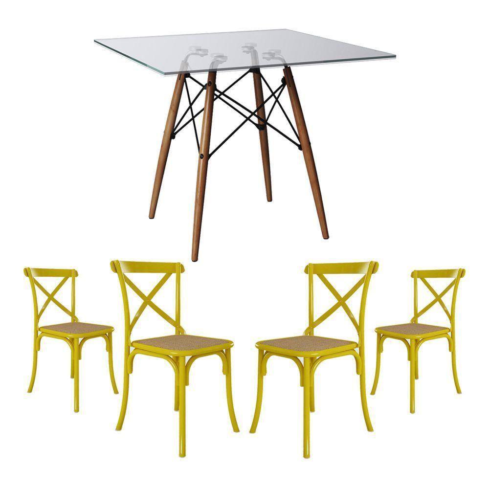Jogo De Mesa Eiffel Quadrado Tampo De Vidro 110Cm Com 4 Cadeiras Katrina Amarela Assento Bege