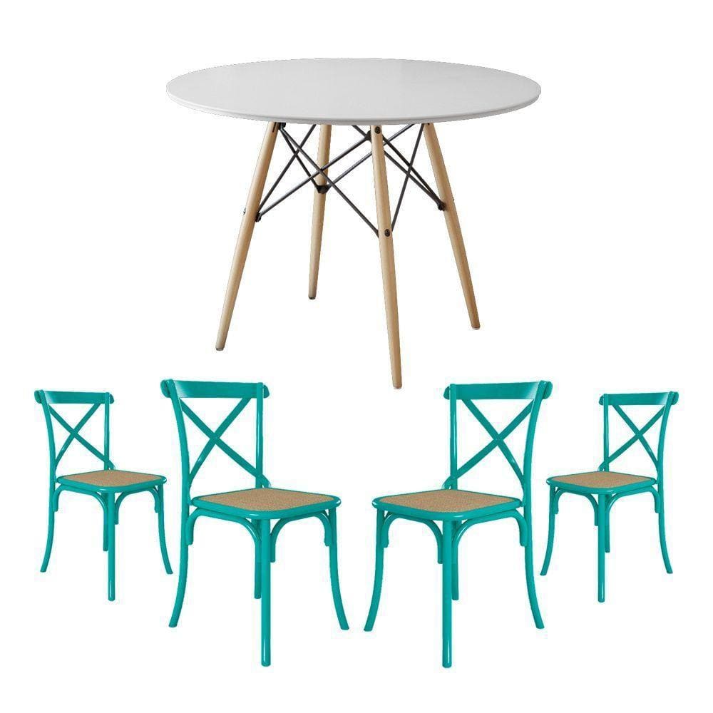 Conjunto De Mesa Eiffel Redondo Tampo De Madeira 110Cm Branco Com 4 Cadeiras Katrina Azul Turquesa