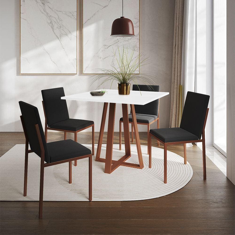 Conjunto De Jantar Mesa 90Cm Branca Com 4 Cadeiras Estofadas Pretas Base Cobre - Preto