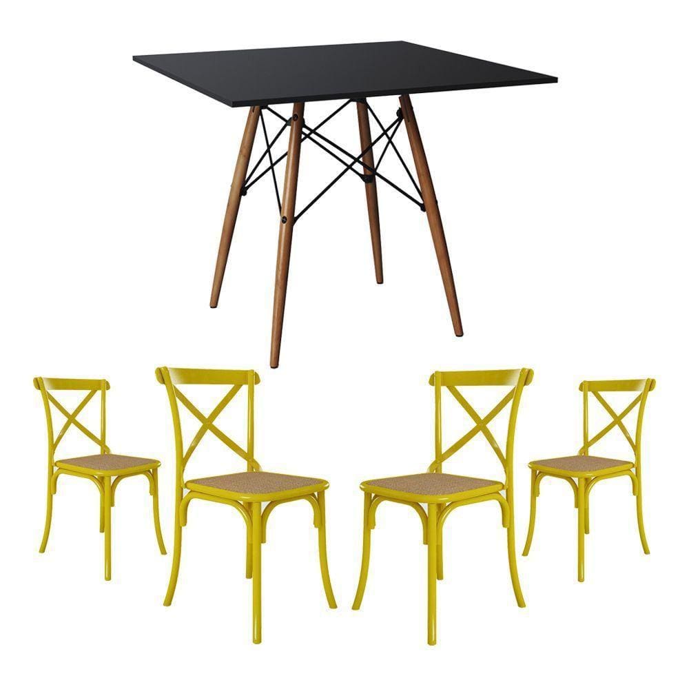 Jogo De Mesa Eiffel Quadrado Tampo De Madeira 90Cm Preto Com 4 Cadeiras Katrina Amarelao Bege