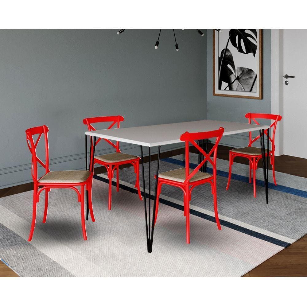 Jogo De Mesa Elen Retangular Tampo De Madeira 140X80Cm Branco Com 4 Cadeiras Katrina Vermelha