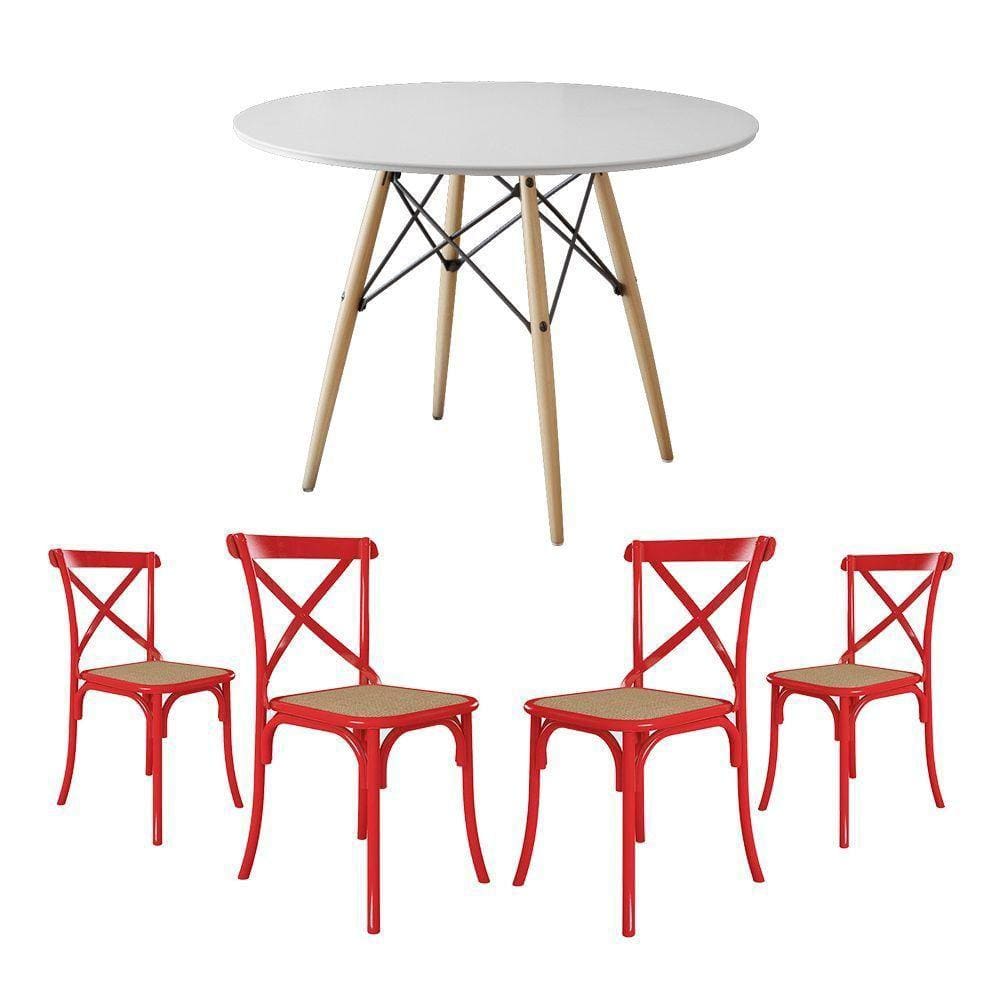 Jogo De Mesa Eiffel Redondo Tampo De Madeira 110Cm Branco Com 4 Cadeiras Katrina Vermelhao Be