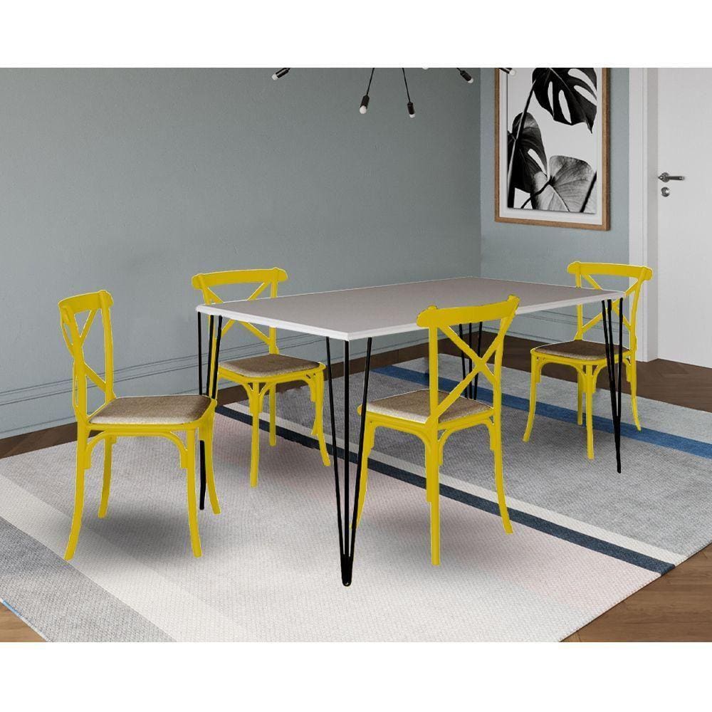Jogo De Mesa Elen Retangular Tampo De Madeira 140X80Cm Branco Com 4 Cadeiras Katrina Amarelao