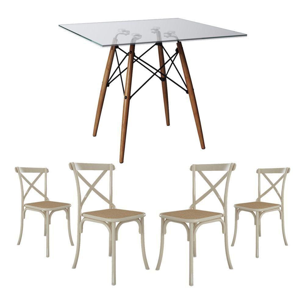 Conjunto De Mesa Eiffel Quadrado Tampo De Vidro 110Cm Com 4 Cadeiras Katrina Off White Assento Bege