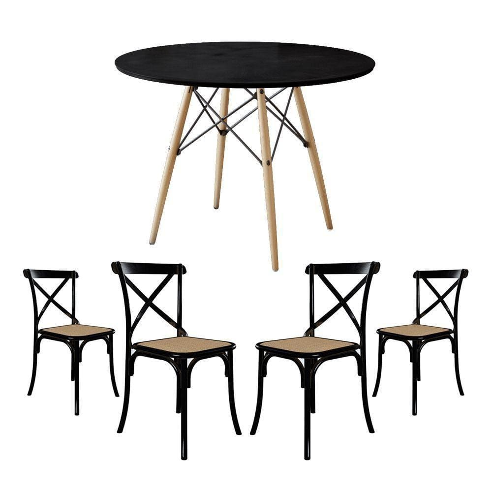 Jogo De Mesa Eiffel Redondo Tampo De Madeira 90Cm Preto Com 4 Cadeiras Katrina Preto Assento Bege