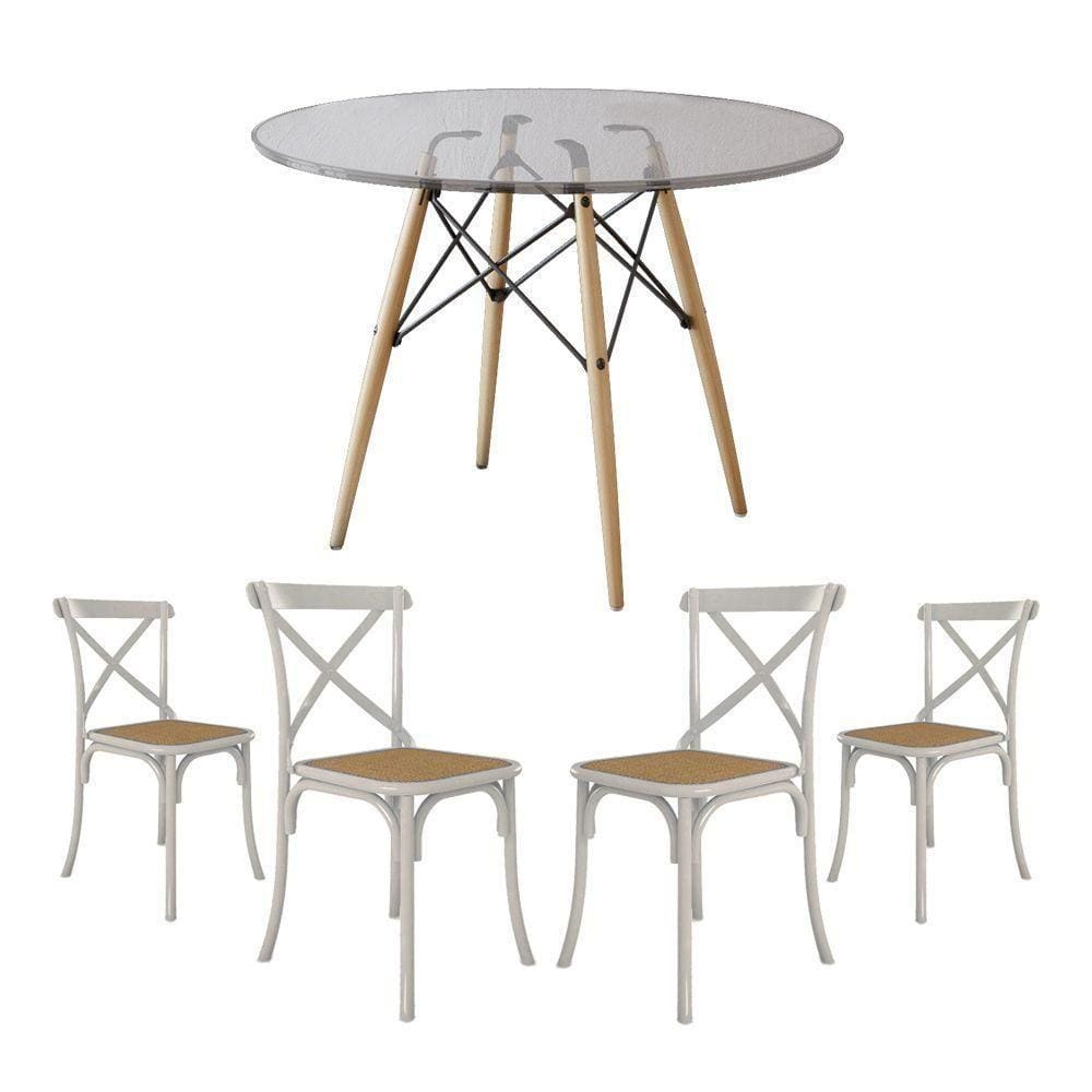 Jogo De Mesa Eiffel Redondo Tampo De Vidro 110Cm Com 4 Cadeiras Katrina Branca Assento Bege