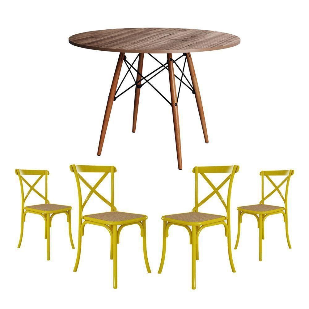 Jogo De Mesa Eiffel Redondo Tampo De Madeira 90Cm Amêndoa Com 4 Cadeiras Katrina Amarelao Beg