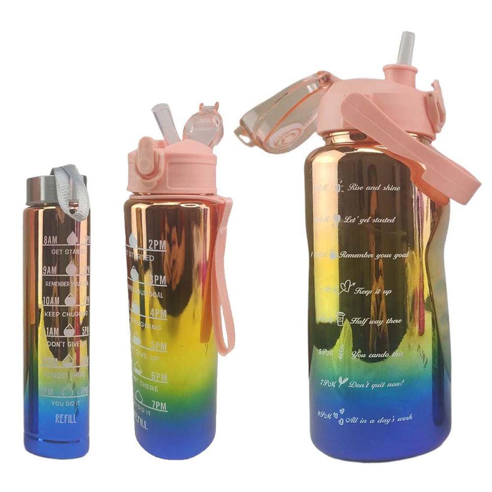Garrafa Motivacional Metalica Kit 3 Uni Squeeze Com Medidor Agua Cha Suco Academia Treino Estudos Casa Curso Trabalho 2 Litros 900Ml 300Ml