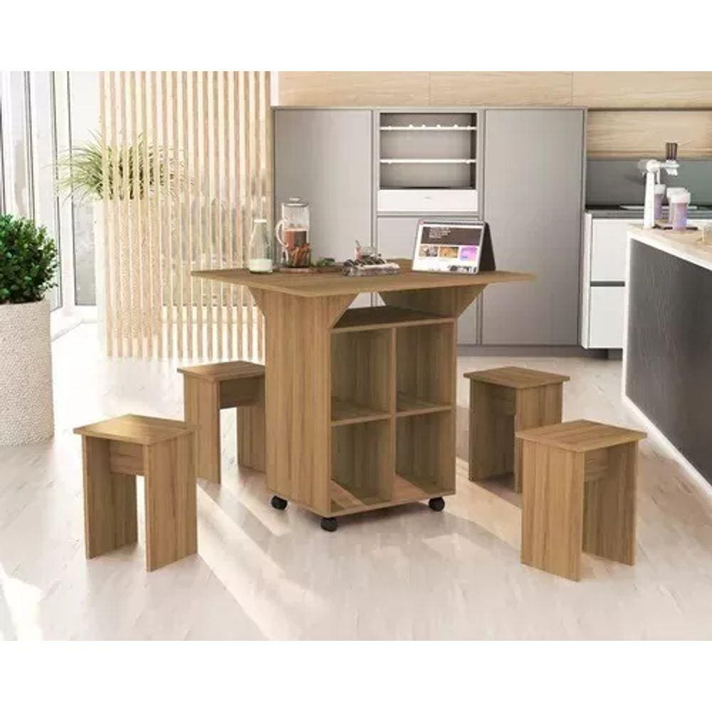 Mesa De Cozinha Dobrável 90cm Annie C/ Bancos e Rodizio 100% Mdf - Amendoa