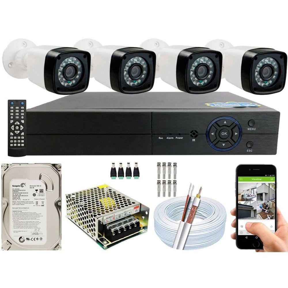 Kit Cftv 4 Câmeras Segurança 720P 20m Dvr Full Hd 4 Ch C/HD