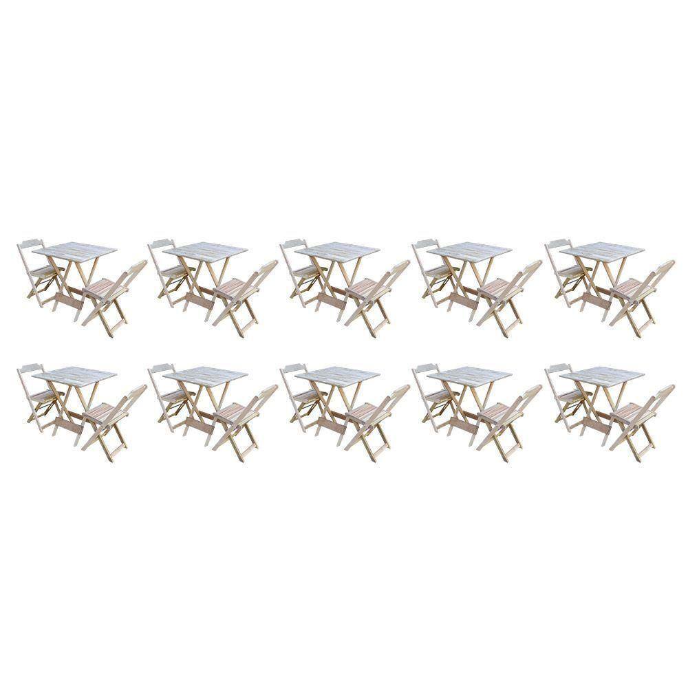 Kit 10 Jogos De Mesa Dobravel Com 2 Cadeiras De Madeira 70X70 - Sem Pintura - Marrom