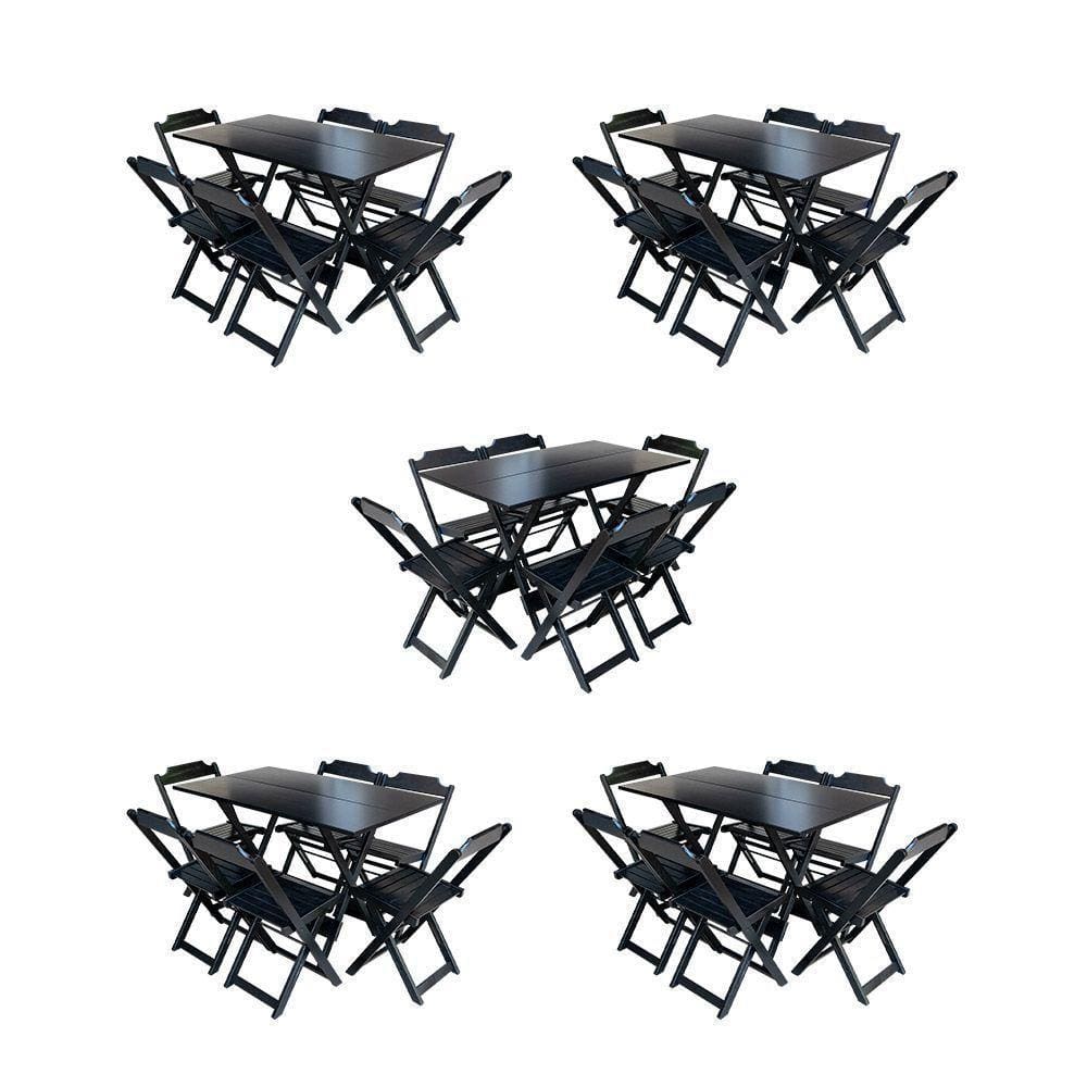 Kit 5 Conjuntos De Mesa Dobravel Com 6 Cadeiras De Madeira 120X70 Para Restaurante E Bar - Preto