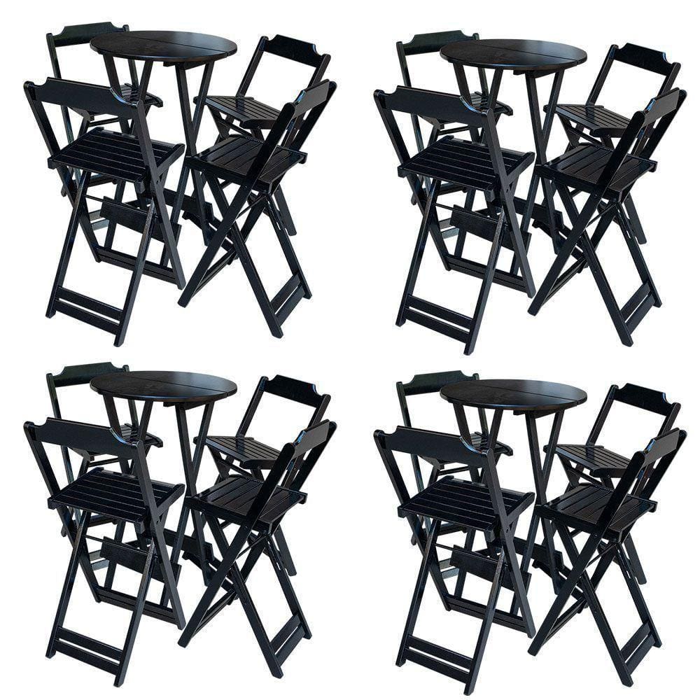 Kit 4 Jogos De Mesa Bistrô De Madeira Com 4 Cadeiras Dobravel Preto - Preto