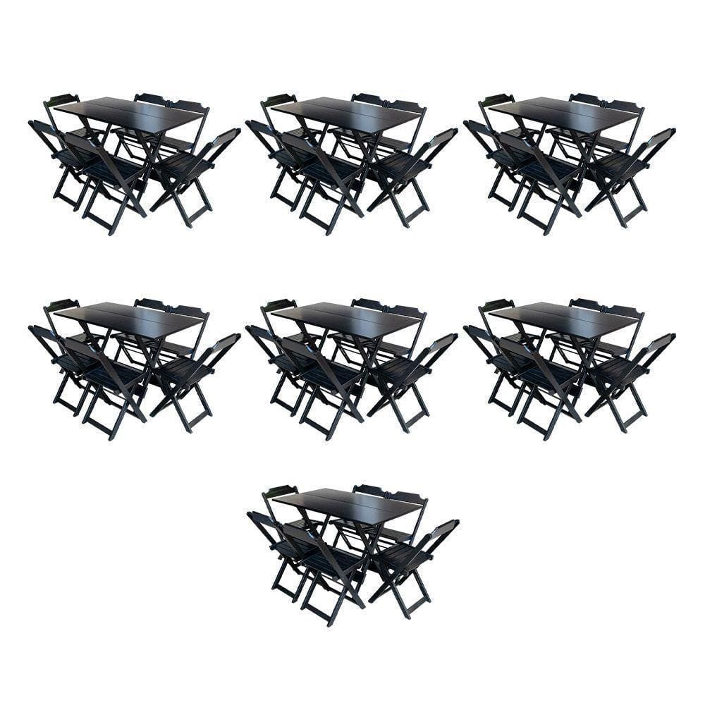 Kit 7 Conjuntos De Mesa Dobravel Com 6 Cadeiras De Madeira 120X70 Para Restaurante E Bar - Preto