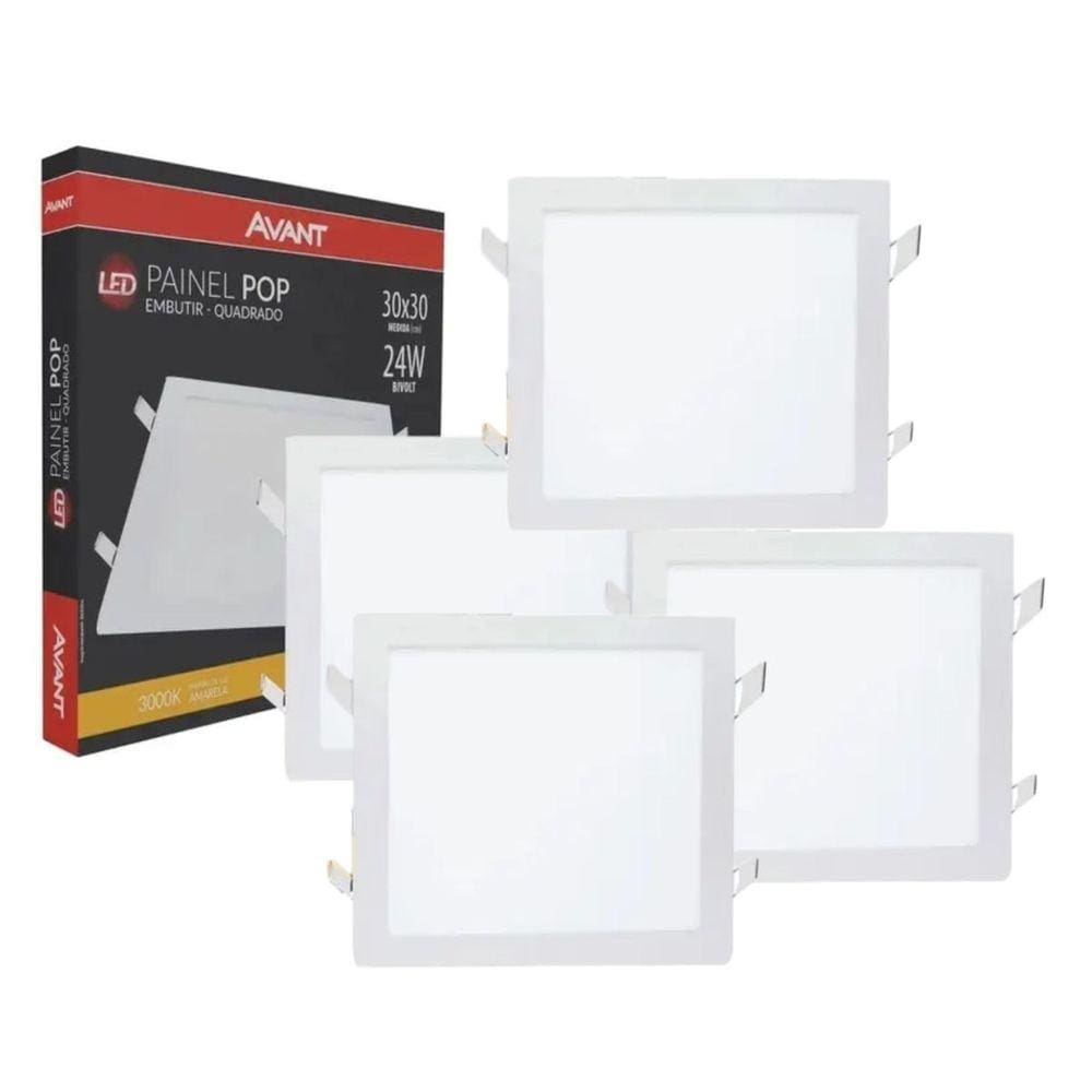 Kit 4 Plafon de Embutir 30x30cm Avant 24W 6500K Bivolt Luz Branca - Quadrado