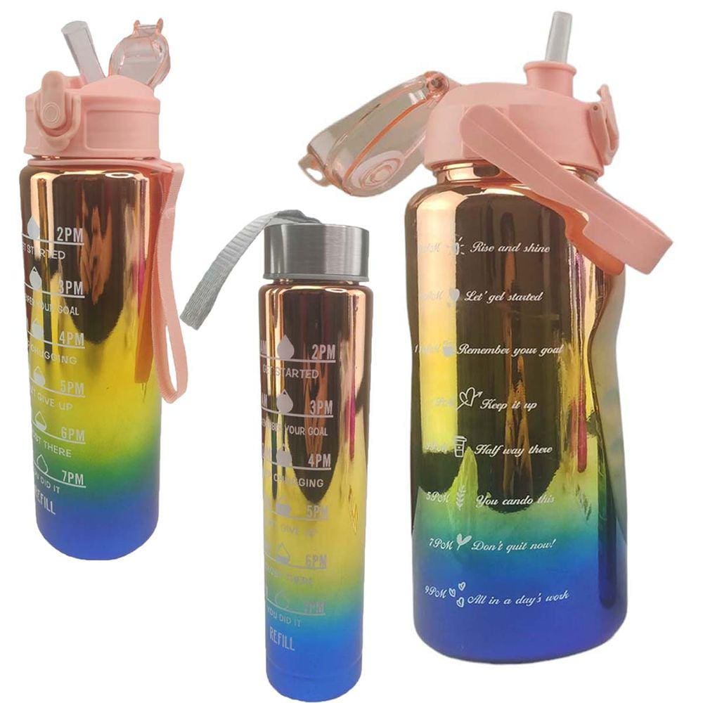 Garrafa Motivacional Metalizada Kit 3 Uni Squeeze Agua Cha Suco Viagem Passeio Academia Treino Trabalho Curso Home Office