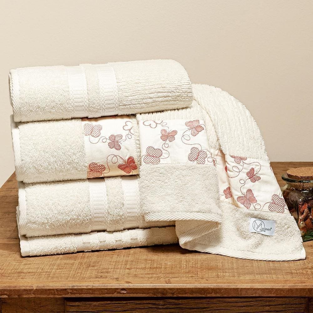 Jogo De Banho Clara 5Pçs Bordado 100% Algodão Palha/Rosa