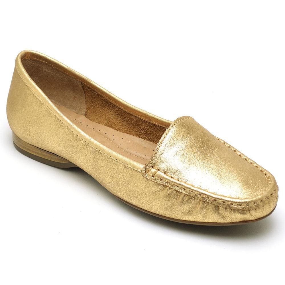 Mocassim Feminino Couro Bico Redondo Metalizado Confortável