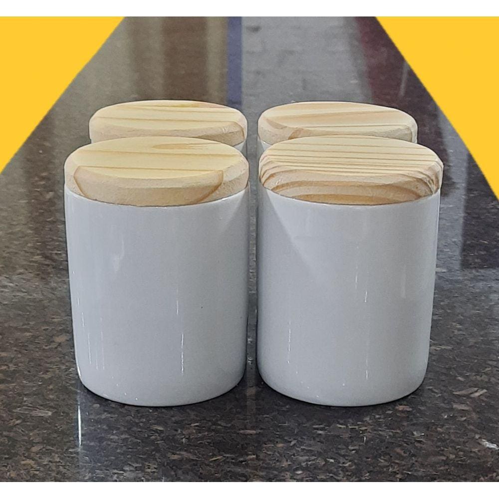 Kit 4 Potes Uso Geral 200ml - Potes Porcelana Tampa Pinus