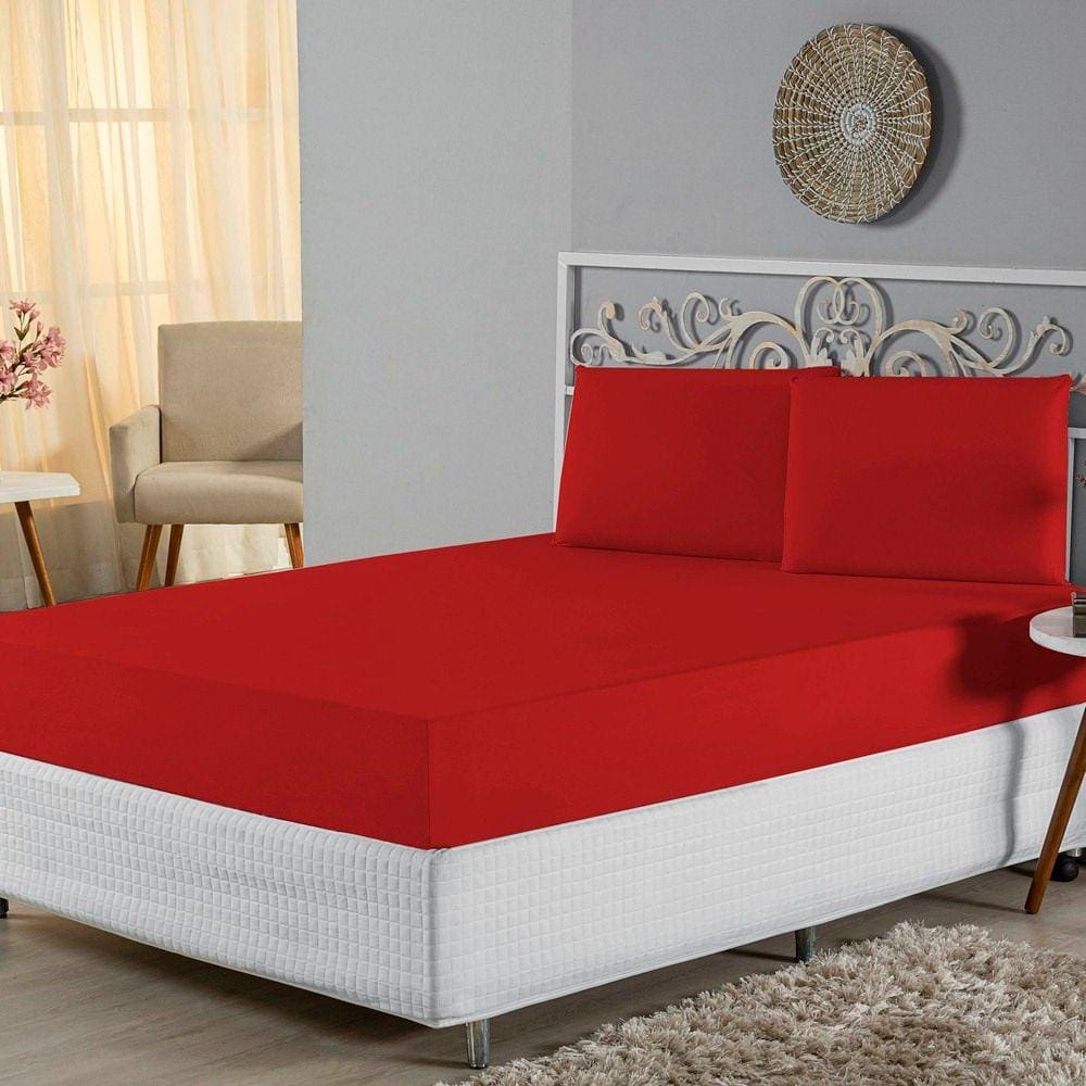 Jogo de Lençol Queen Malha 100% Algodão 3 Peças - Vermelho