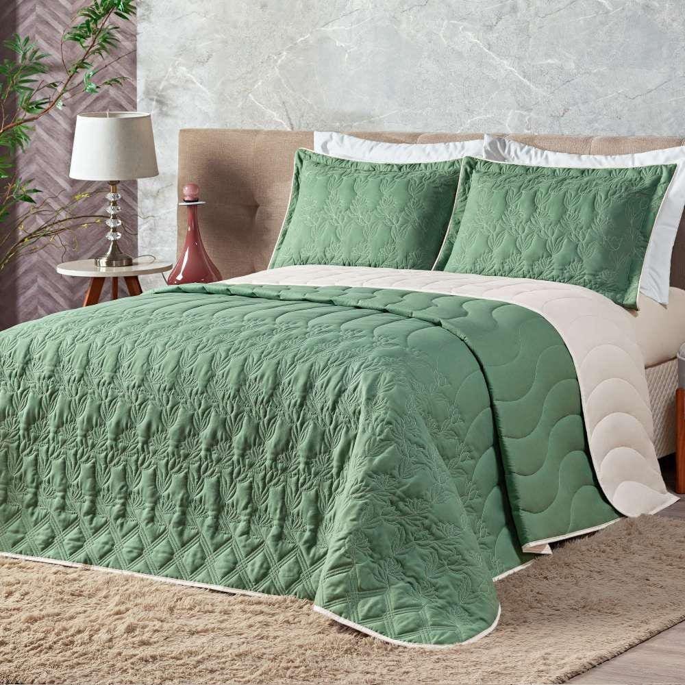 Cobre Leito Queen Amarilis Dupla Face Bordada 5 Peças - Verde