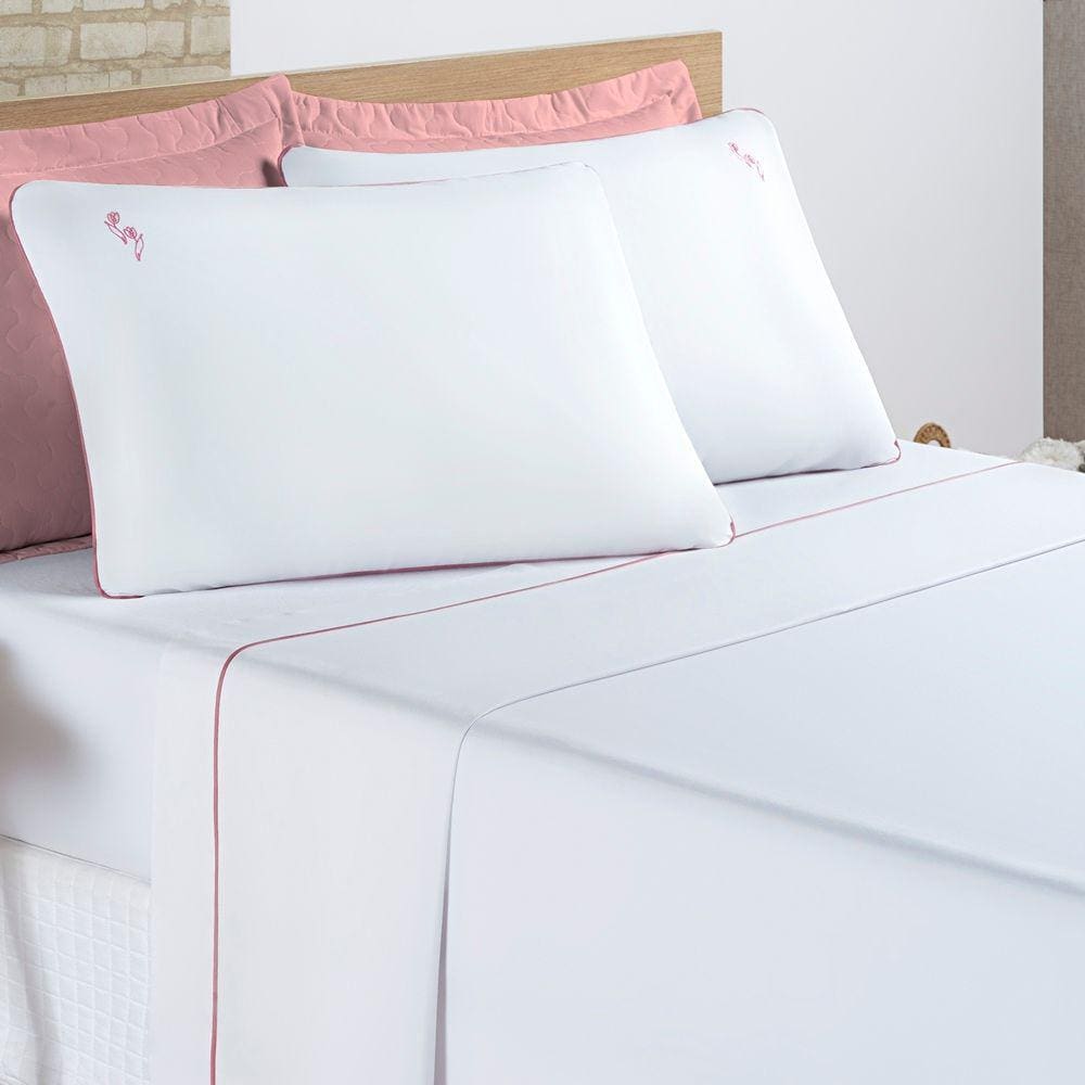 Jogo de Lençol Casal Padrão Liana 100% Algodão 4 Peças - Branco