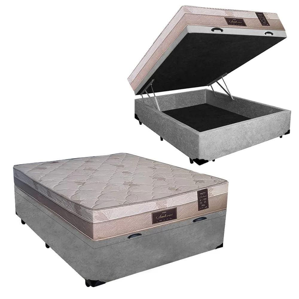 Cama Box Baú Casal Conforto Suede Cinza + Colchão Casal Conforto Espuma D23 Com EPS 14x138x188