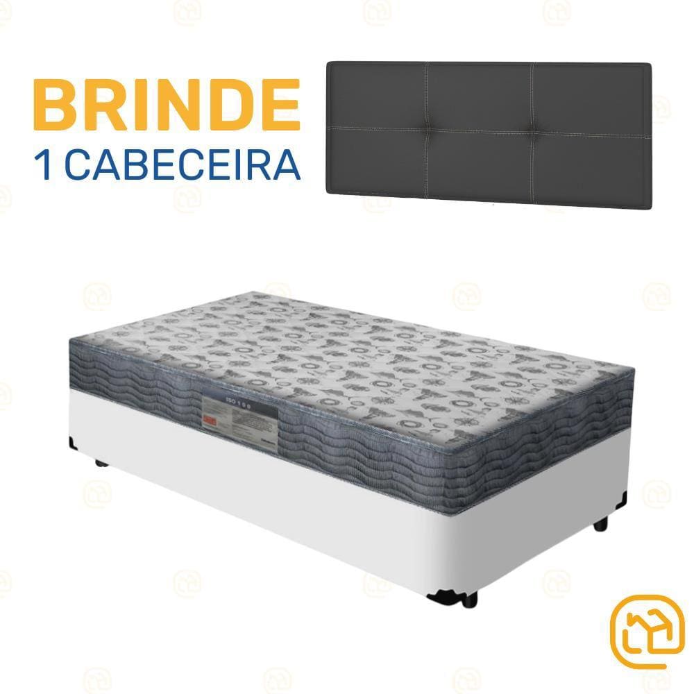 Box Solteiro Branco + Cabeceira Painel Iris Preta + Colchão D33 ISO 100 88cm