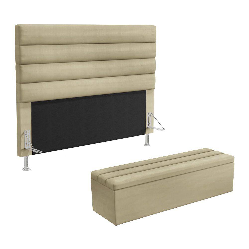 Cabeceira Atlas e Calçadeira Baú Ursa 160 para Cama Queen A-017 Couro Bege Aradecor